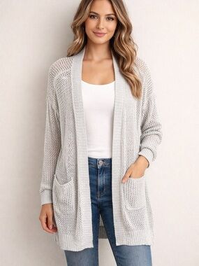 Moral Fiber Light Gray Open-Front Pocket Knit Cardigan